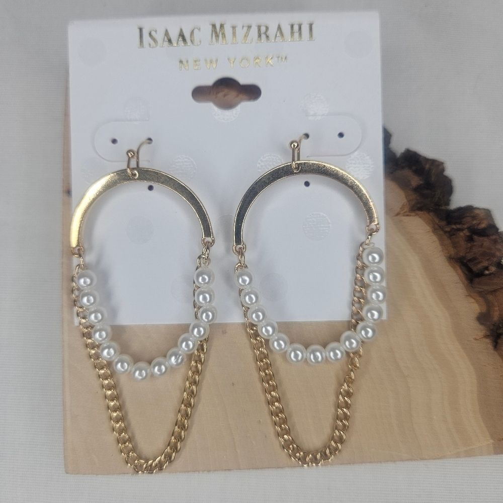 Isaac Mizrahi Gold Tone And Pearl Dangle Earrings NWT Retail $28